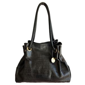 FURLA Black Leather Croc Embossed Shoulder Handbag.